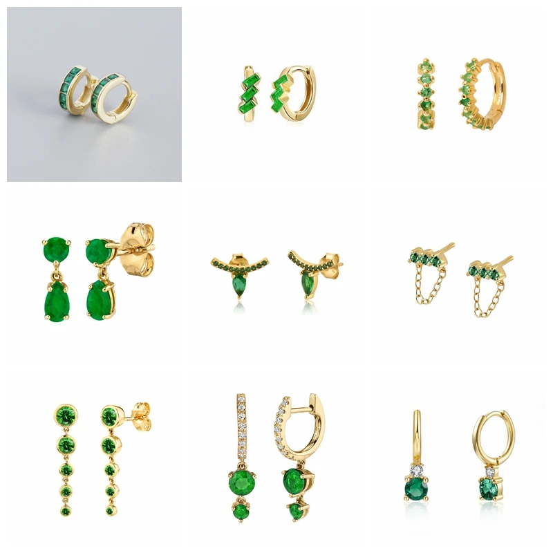 

925 Sterling Silver Stud Earrings Green Zircon Earring For Woman Girls Pendientes Bling Crystal Huggie Earrings Fine Jewerly A43