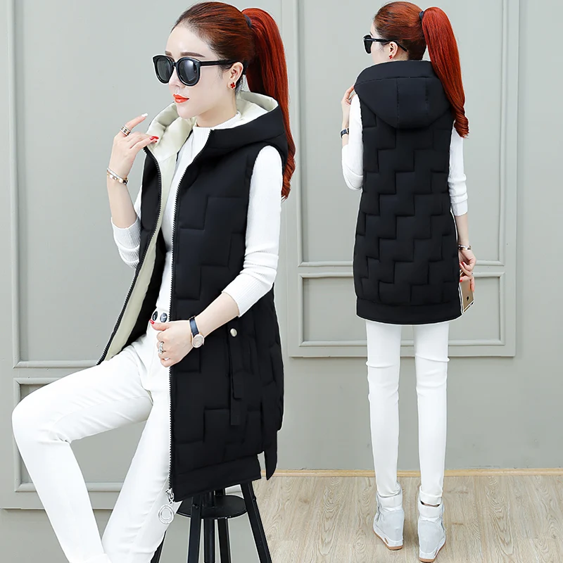 Женский хлопковый жилет на молнии с капюшоном Длинный безрукавка|Жилеты и