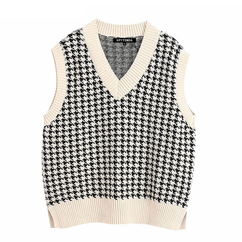 

Women 2020 Fashion Oversized Houndstooth Knitted Vest Sweater Vintage Sleeveless Side Vents Female Waistcoat Chic Tops
