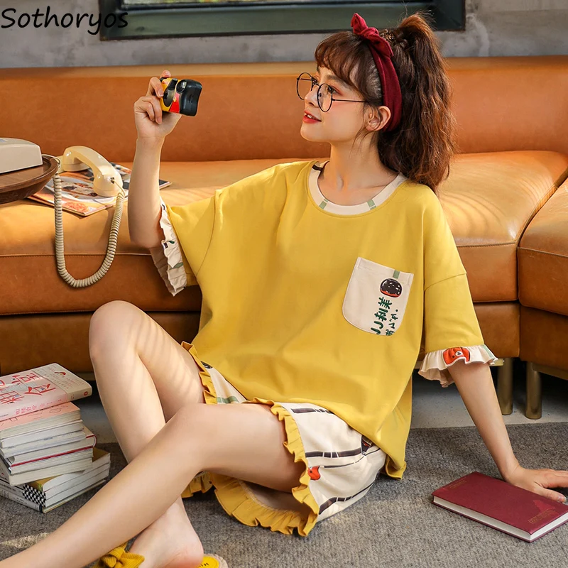 

Pajama Sets Women Sleepwear Summer Short Sleeve Shorts O-neck Kawaii Cute Girls Pajamas Two Pieces Home Lounge wear Nightwear