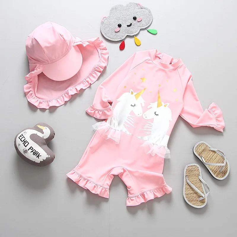 SW372 pink UPF50+ От 1 до 10 лет для купания для девочек, купальник с единорогами для маленьких девочек, высококачественный детский купальник с единорогами, детский suit-SW373mix для серфинга - Цвет: SW372 pink