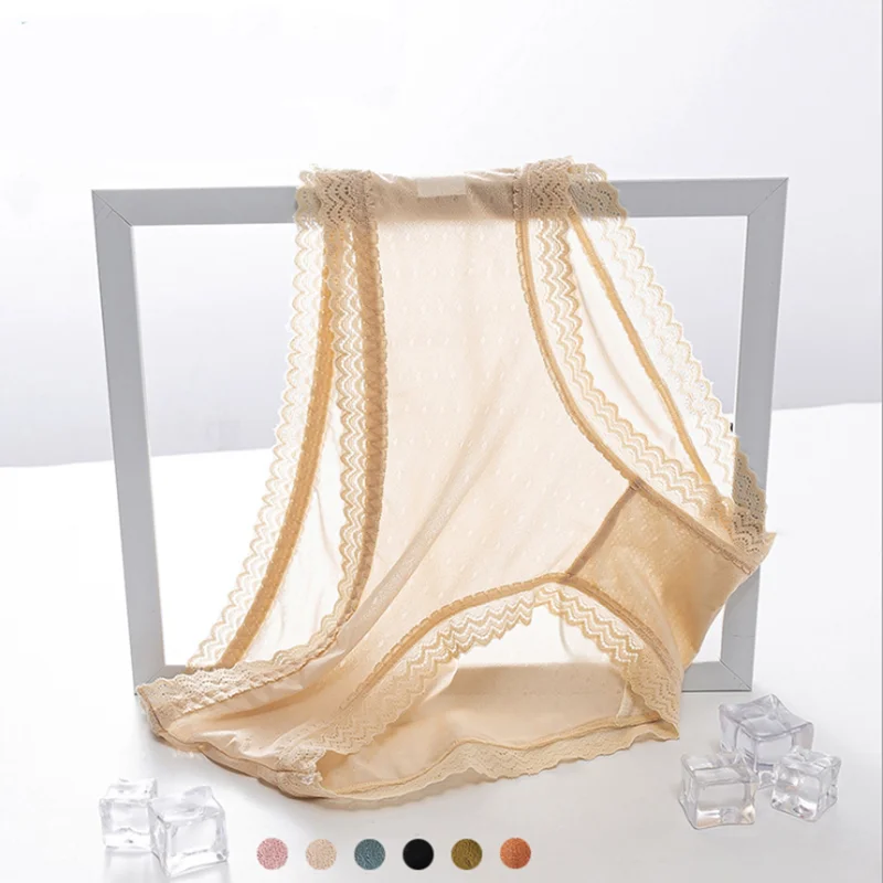 

Women Ice silk Underpants Sexy Transparent Lace Underwear Mesh Breathable Ultra Thin Seamless Mid Low Waisted Briefs