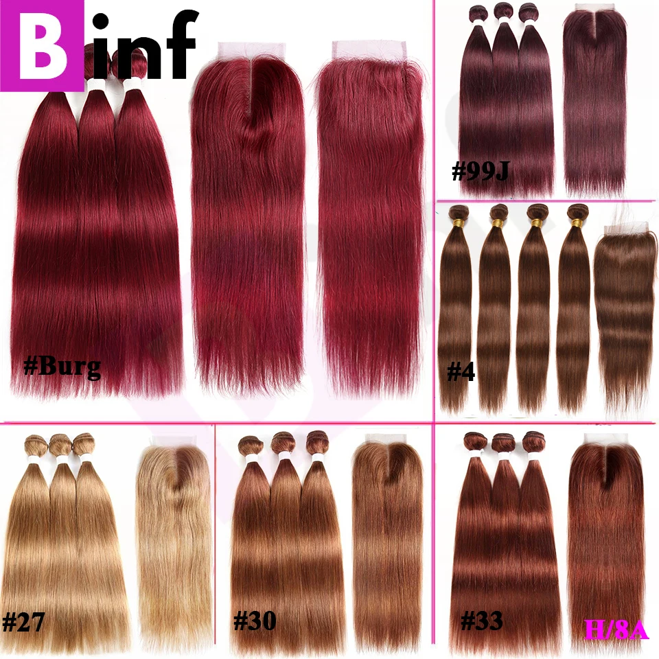 99J/бордовый 27 30 33 пучки человеческих волос с закрытием бразильские прямых и