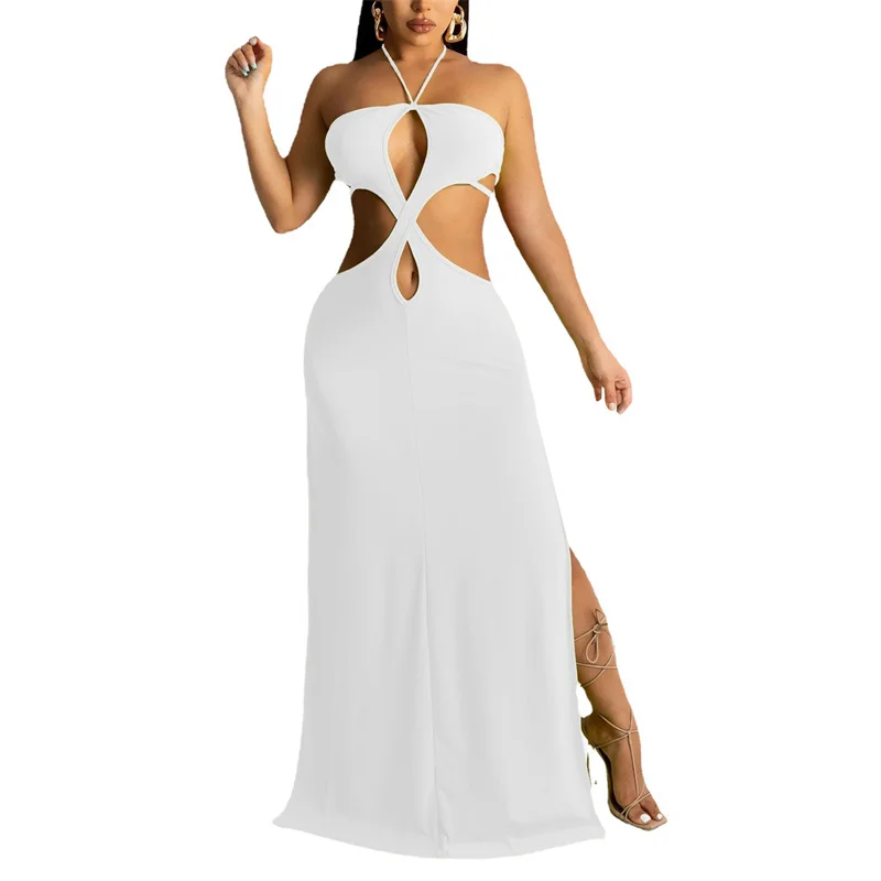 

2021 Women Fashion Dress Summer Female Sleeveless Hollow Out Solid Color Halter Dresses For Shopping Dating