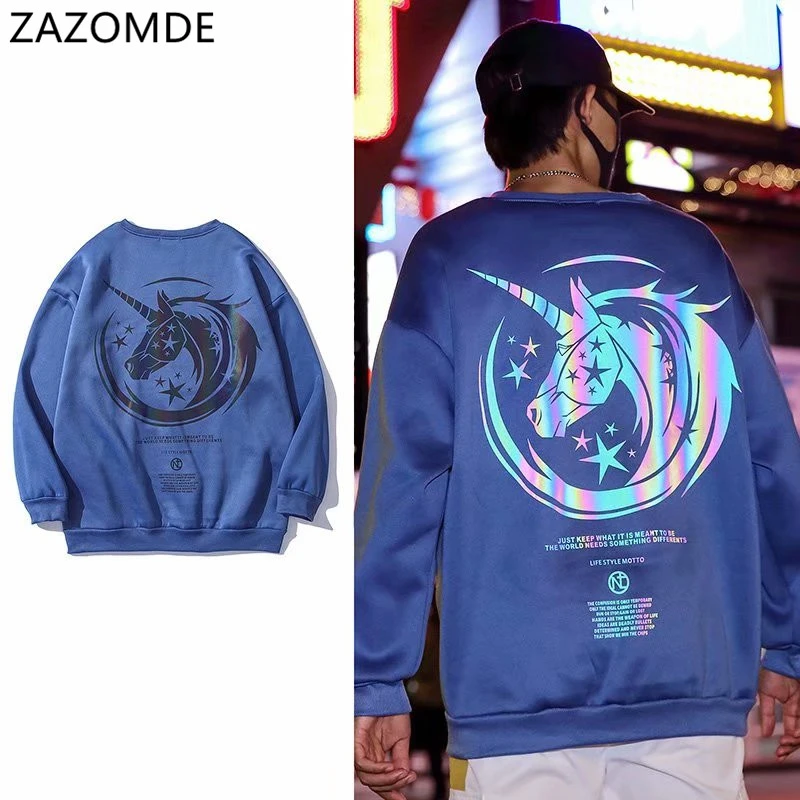 

ZAZOMDE Men Fall Fashion Hooded Sweatshirt Luminous Unicorn Print Large Size Loose Casual Couple Streetwear men Pullover Top