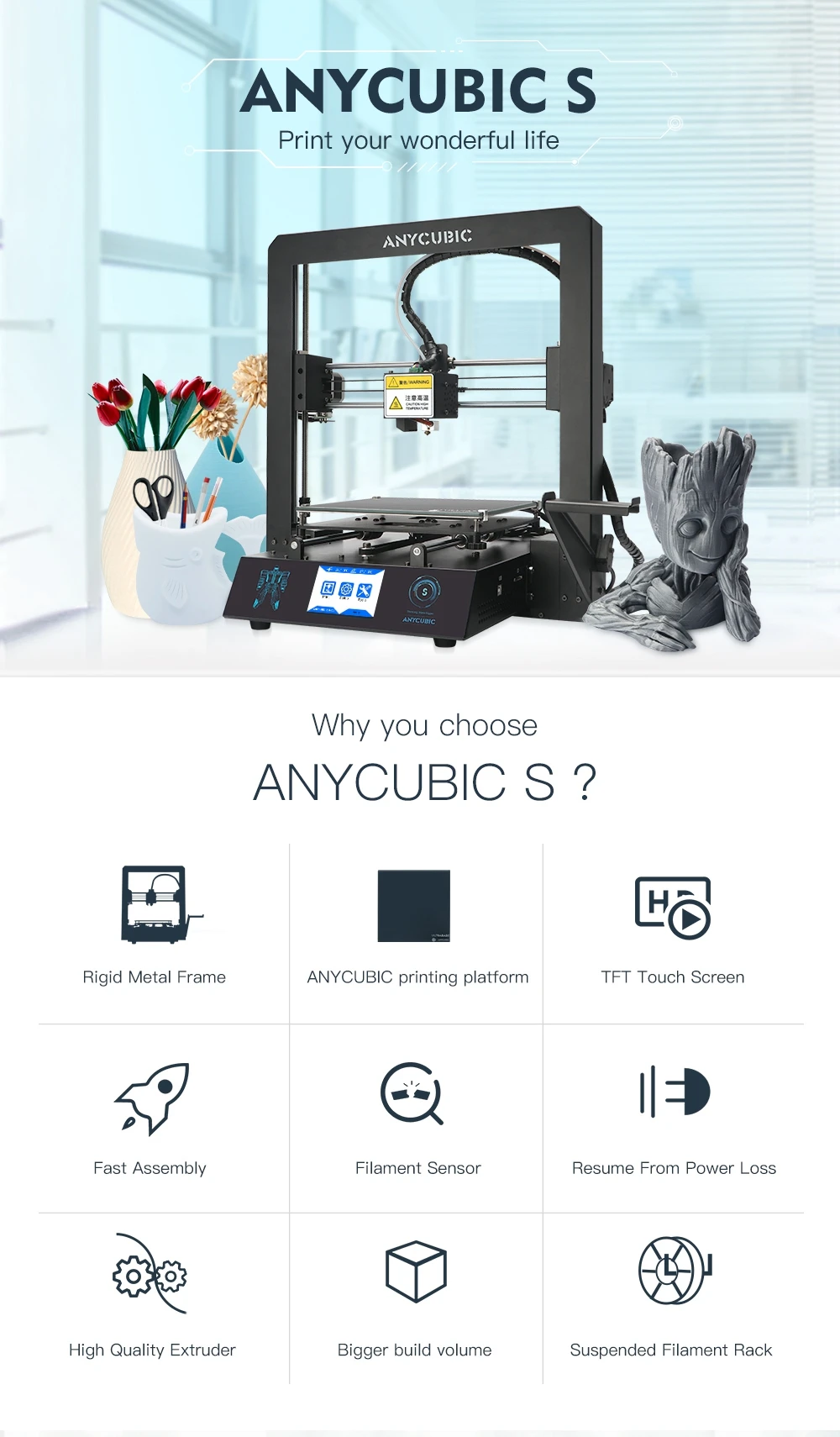 ANYCUBIC 3d принтер мега-S обновления I3 Мега огромный объем сборки 3d принтер металлический каркас Ultrabase 3d принтер impressora 3d Друкер