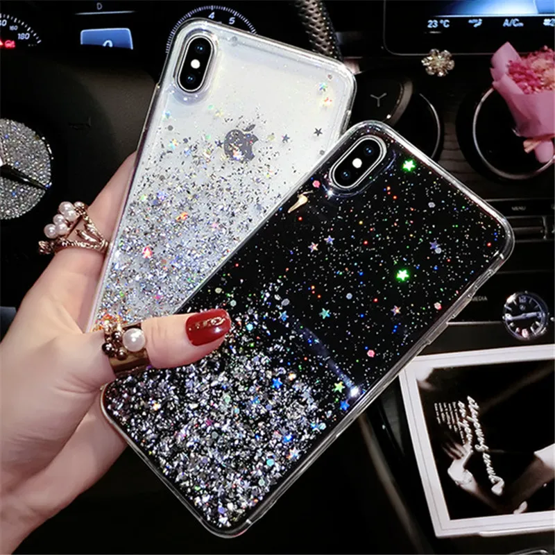 Fashion Silver Foil Star Bling Glitter Back Phone Cover For iPhone 11 Pro Max 6 6S 7 8 Plus X Xr Xs 10 Silicon Soft TPU Case |