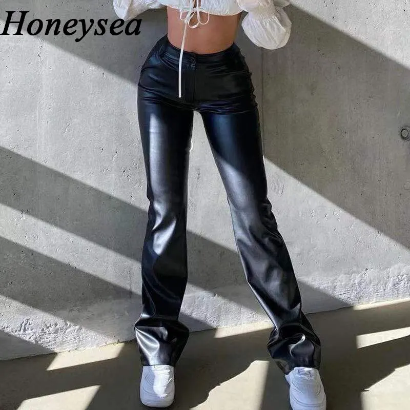 

Брюки женские с широкими штанинами, модные облегающие эластичные прямые штаны из искусственной кожи с высокой талией для взрослых, офисные ...