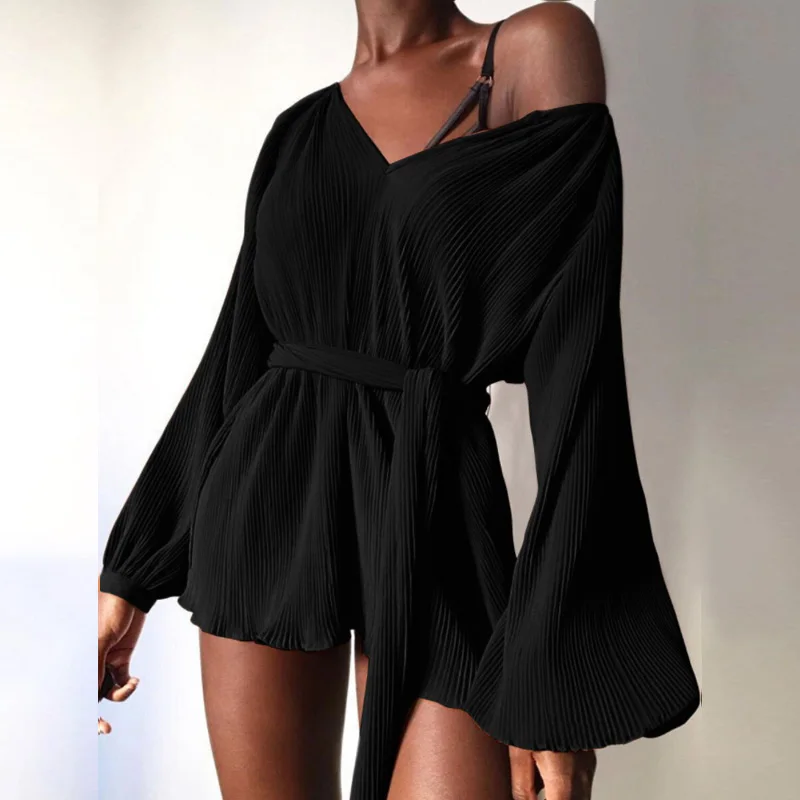 

2021 Summer New Style Solid Color Lantern Sleeve Ribbed Sexy Casual Waist V-neck Strapless Jumpsuit for Ladies