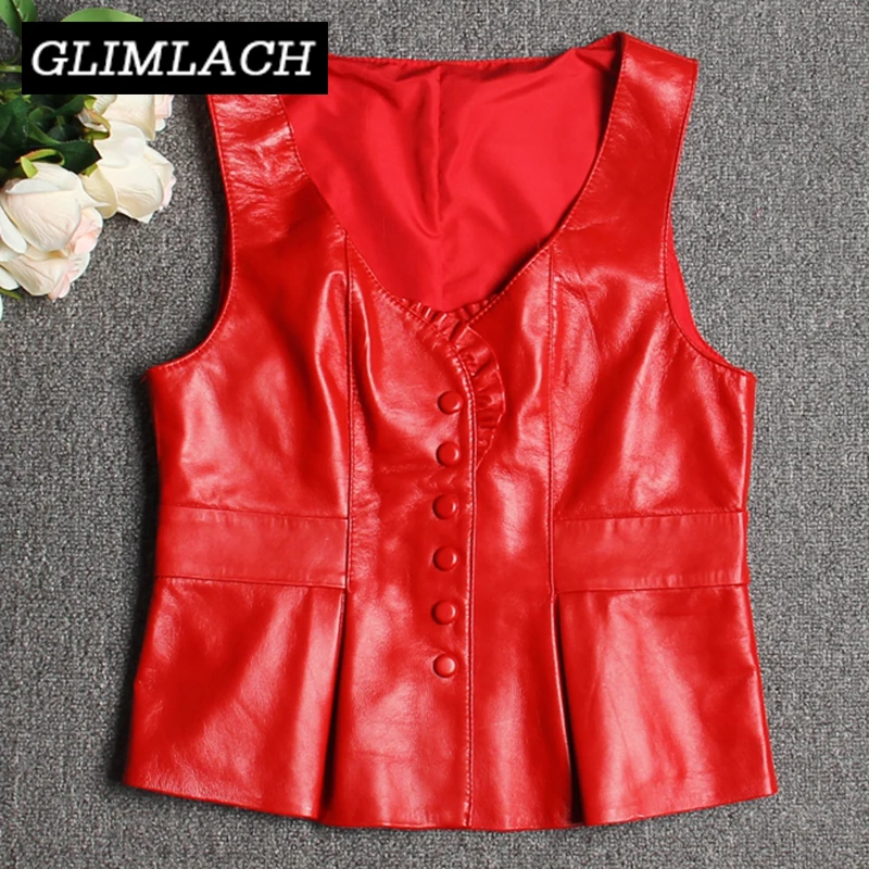 2019 Women Sheepskin Sleeveless Vest Jacket Genuine Leather Single Breasted V-Neck Jacket Ladies Real Leather Waistcoats Female