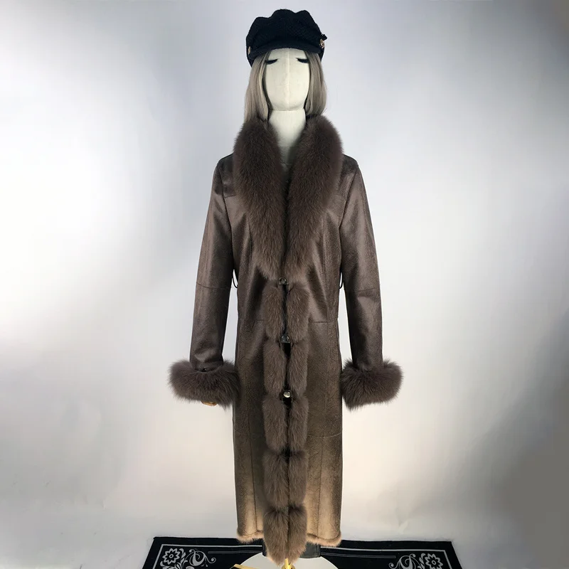 

Женская длинная куртка из натуральной кожи, пальто из натуральной овечьей шкуры с поясом, с натуральным лисьим мехом, для зимы, 2021