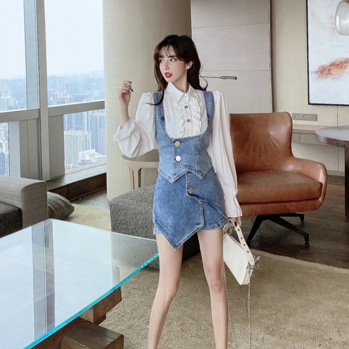 Джинсовый костюм рубашка в Корейском стиле на раннюю осень 2021 Приталенный жилет