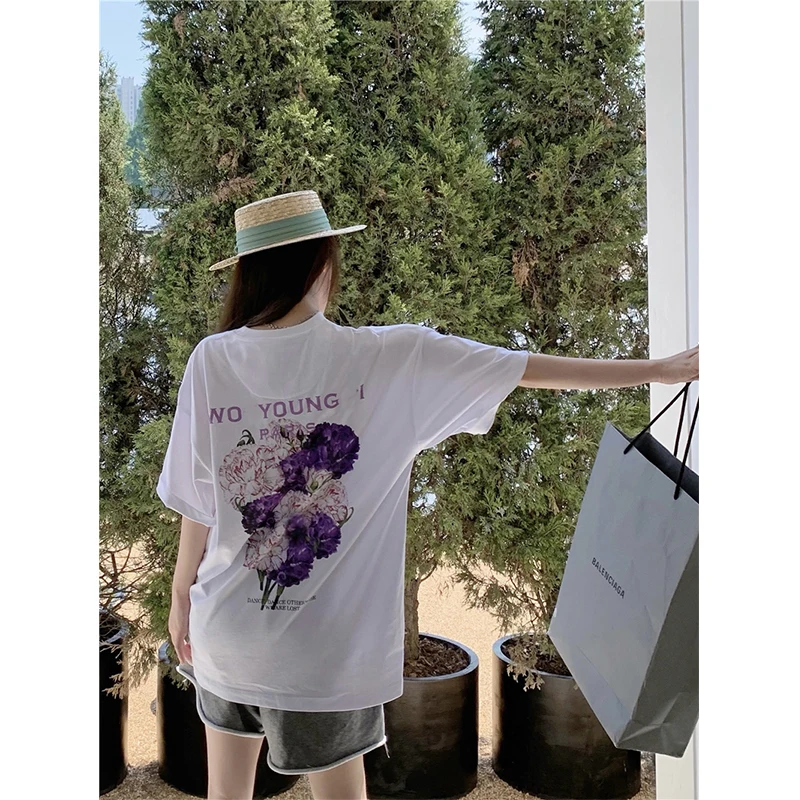 

2021 New Purple Flower Print Mid-Length Print Couple Short-Sleeved t-Shirt Loose Temperament Aesthetic t-Shirt Top Ladies Spring