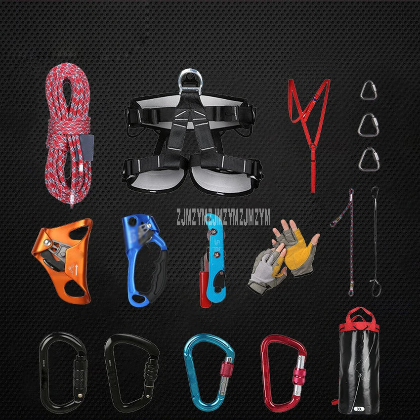 

10m/20m/30m Outdoor Rock Climbing Equipment Mountaineering Climbing Rope Set with Safety Belt/Buckle/Descender/Riser/Storage Bag