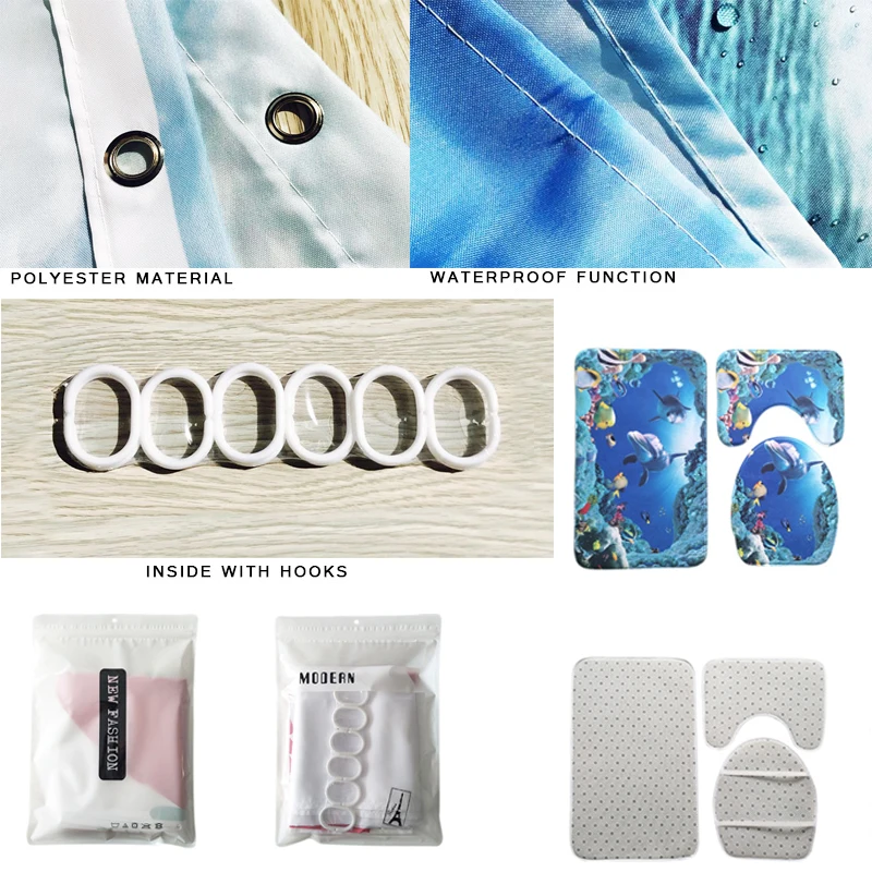 Занавески для душа 4 шт. Нескользящие туалета полиэстер Набор ковриков ванной