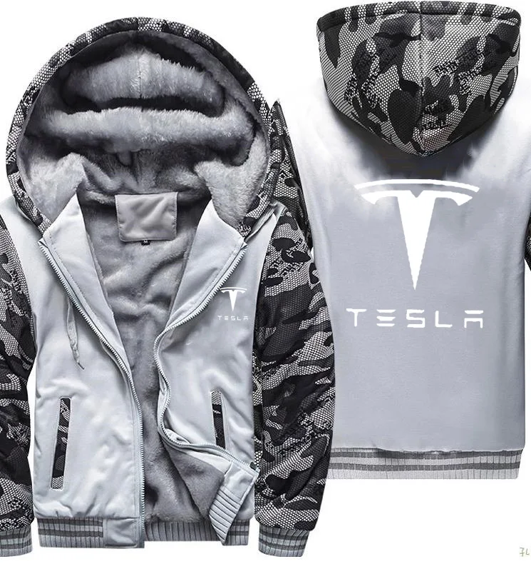 

Hoodies Men Tesla Car Logo Print Jacket Mens Hoodies Casual Winter Thicken Warm Fleece cotton Zipper Raglan Coat Male Tracksuits