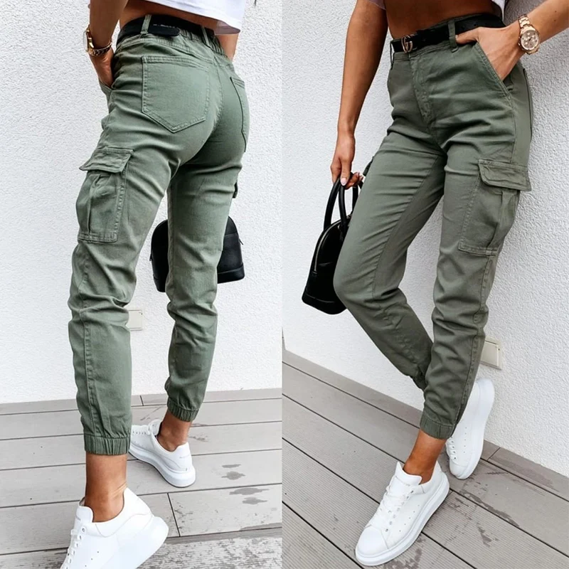 

Solid Green Zipper Casual Pants For Women Pockets Mid Waist Single Button Cargo Pant High Waist Autumn Pencil Trousers