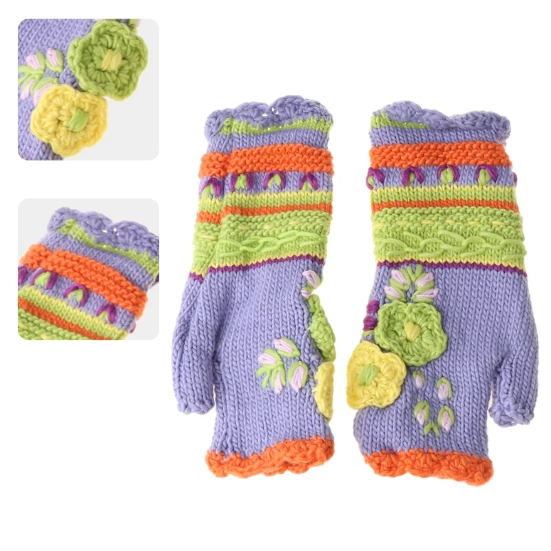 

2021 New Women Vintage Multicolor Knit Fingerless Gloves Crochet Floral Thumbhole Mittens