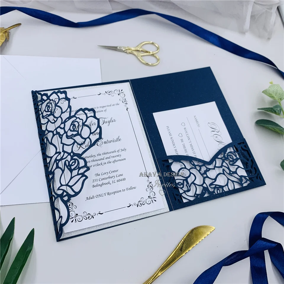 Elegant Modern Navy Laser Cut Pocket Wedding Invitation Suite With Glitter Silver Tag RSVP card And Envelope | Дом и сад