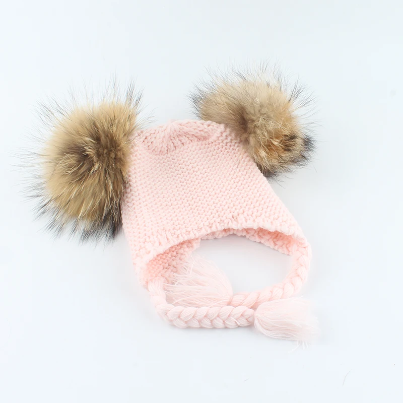 Шапка с помпоном из натурального меха енота для детей зимняя вязаная теплая