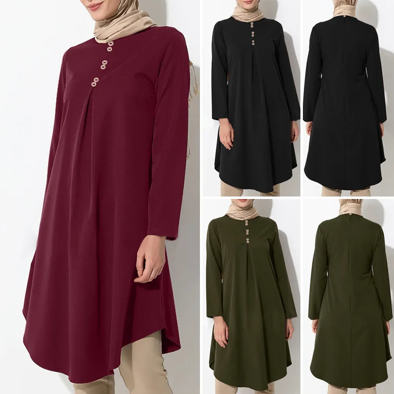 

Eid Abaya Dubai Turkey Solid Button Stitching Muslim Fashion Women's Top Casual Dovetail Casual Hijab Dress Islamic Clothing