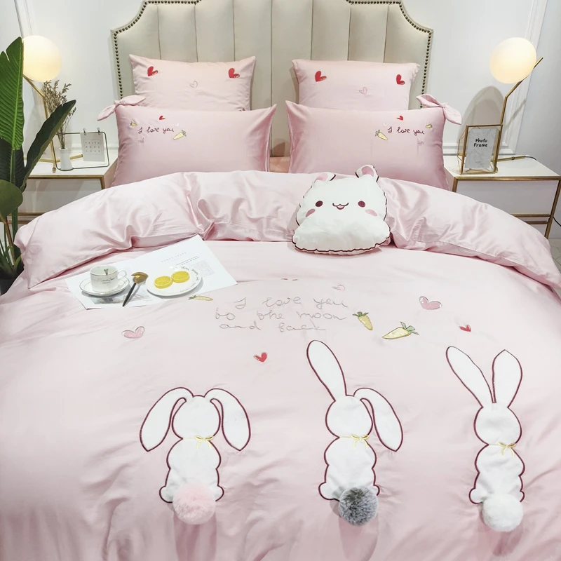 Розовый мультфильм кролик Единорог Вышивка 60S Египетский хлопок принцесса набор постельных принадлежностей для девочек пододеяльник простыня/льняной чехол для подушки