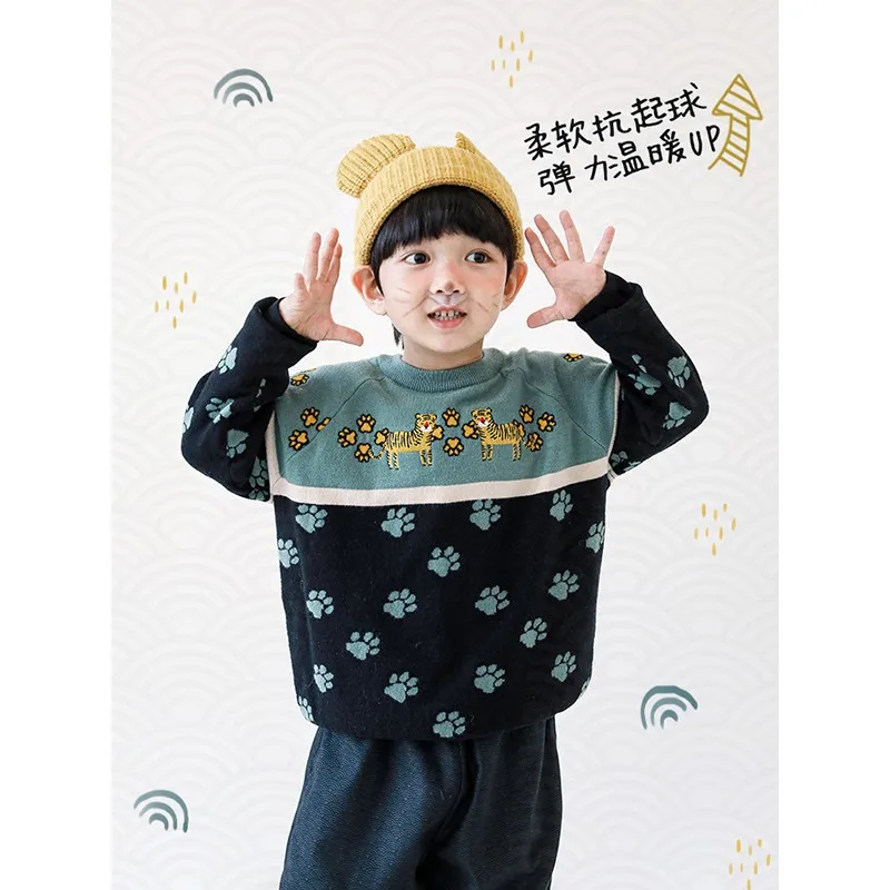 

Детский вязаный свитер сохраняющий тепло Зимний новый толстый топ с круглым вырезом и мультяшным рисунком для мальчиков и младенцев