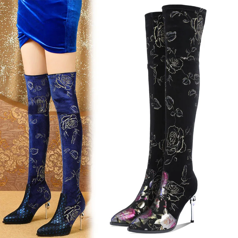 

Elastic boots printed real leather shoes national style knee boots metal thin high heel sleeve leg boots