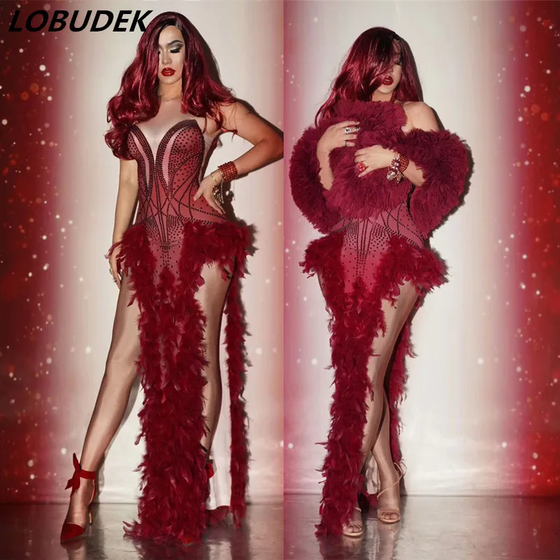 Блестящее платье стразы с красными перьями сексуальное женское для празднования