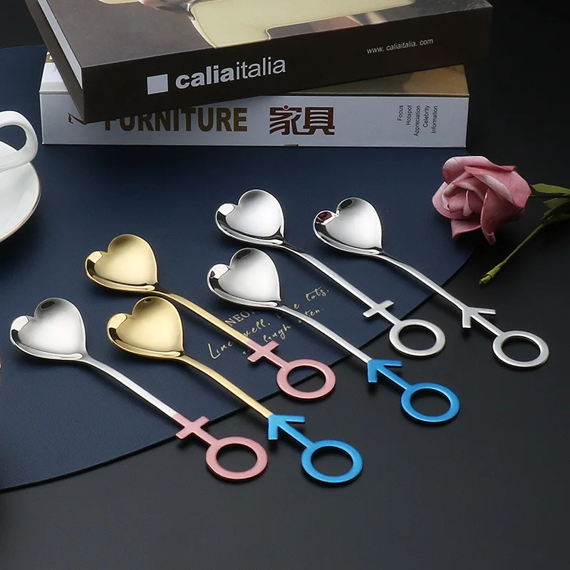 

Creative Heart Couple Coffee Spoon Stainless Steel Dessert Ice Cream Stirring Spoons Teaspoon Kitchen Tableware Wedding Supplies