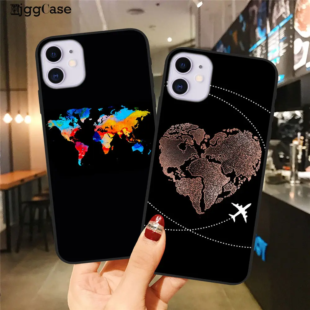 

World Map Travel Just Go Phone Case For iPhone XS MAX X 11Pro XR 7 8 6 6s Plus Fashion Black Silicone Soft Back Cover Case Coque