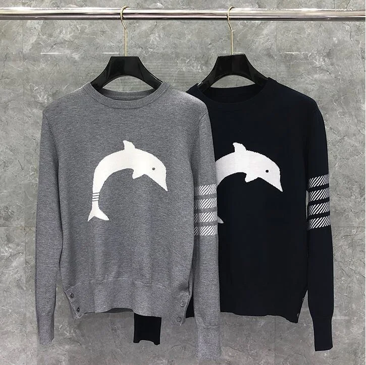 

Fashion 2021 Brand Sweaters Men Women Slim O-Neck Pullovers Clothing Striped Wool Dolphin Pattern Winter Casual Coat