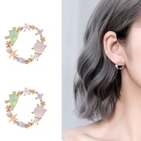 korean delicate round pink crystal stud earrings for women hollow small garland flowers earrings jewelry party daily accessories