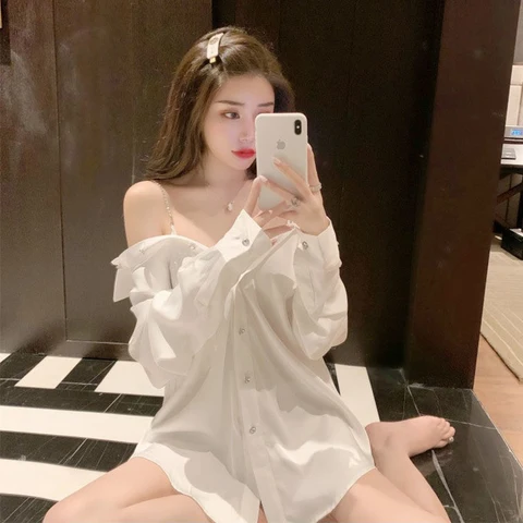 Summer Chiffon Strapless Shirts Elegant Women Clothing 2022 Spring Autumn Blouse Sexy Strap T-shirt Office Lady Tops D1312