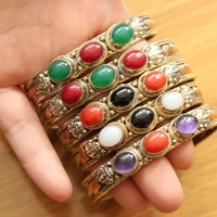 br467 tibetan 3 metal copper inlaid oval onyx colorful stone 10mm open cuff cuff bracelet for women 1 piece