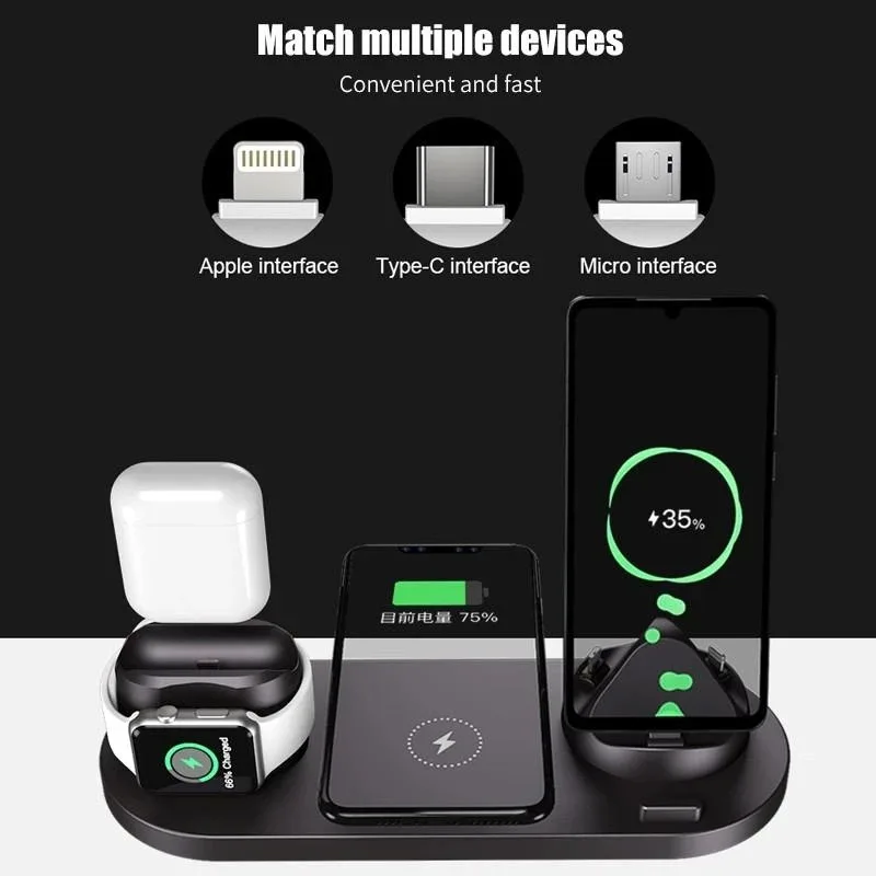 10W Qi Wireless Charger Station 6 in 1 For Iphone Airpods Micro USB Type C Stand phone Chargers For Apple Watch airpods Charging