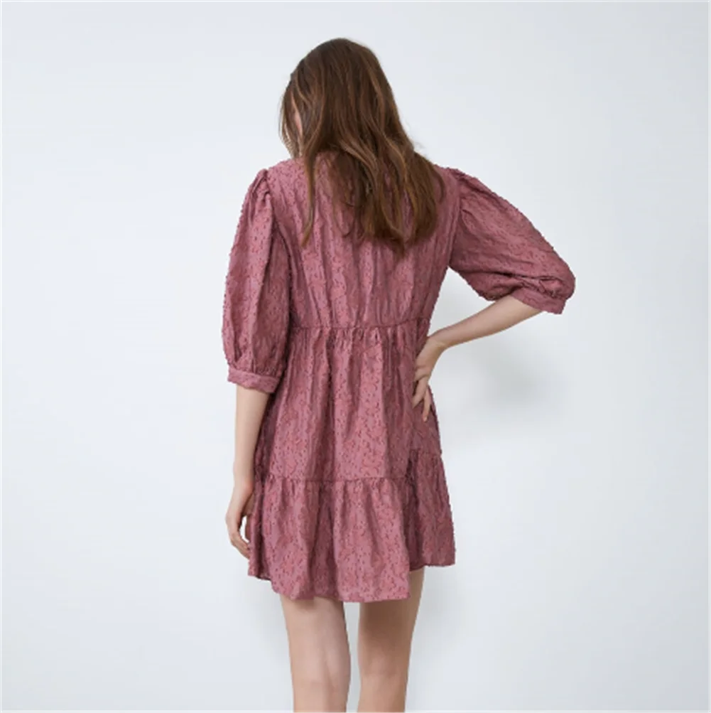 2020 ZA Spring New Ladies Dress Fashion Textured Loose Boho Women's Round Neck Short Sleeve Party Gift Wholesale | Женская одежда