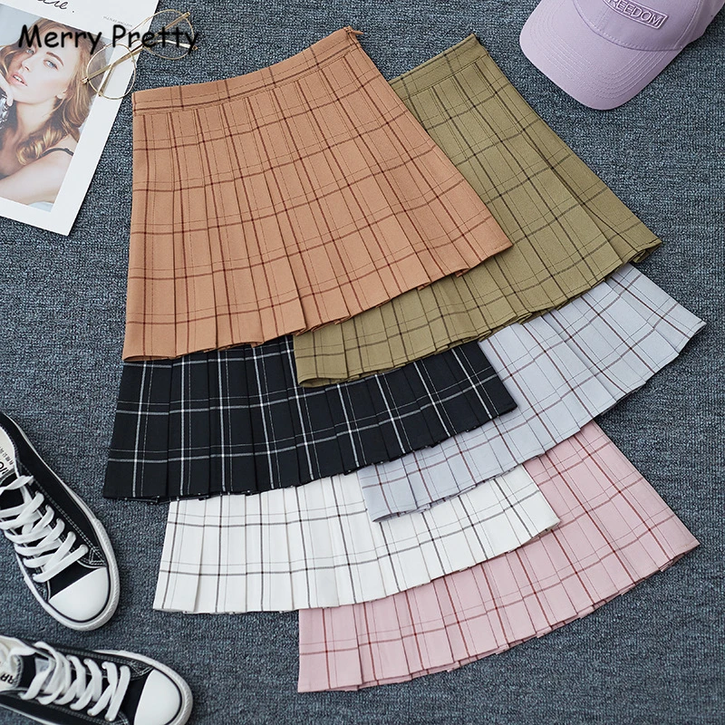 

Merry Pretty XS-2XL Plus Size Cotton Women's Plaid Pleated Skirts 2020 Autumn Sweet Style Girl Hight Waist Zippers Mini Skirt