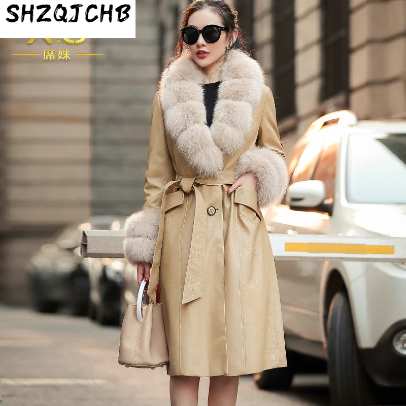 

Женский кожаный пуховик SHZQ, средней и длинной зимней коллекции 2021 года, модное пальто из козьей кожи с большим воротником из лисьей шерсти