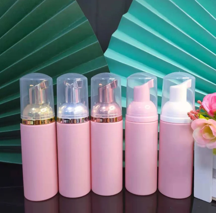 

30pcs/lot 2OZ 60ml Pink Plastic Foam Pumps Empty Cosmetic Lashes Cleanser Shampoo Refillable Bottle With Rose Gold Silver Pump