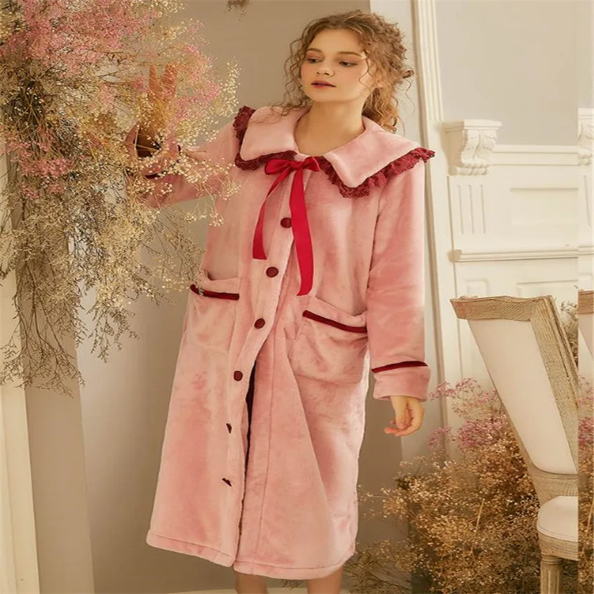 

Новинка Зима 2020, женская ночная рубашка из кораллового бархата с бантом и длинным рукавом, милое Фланелевое длинное платье для сна