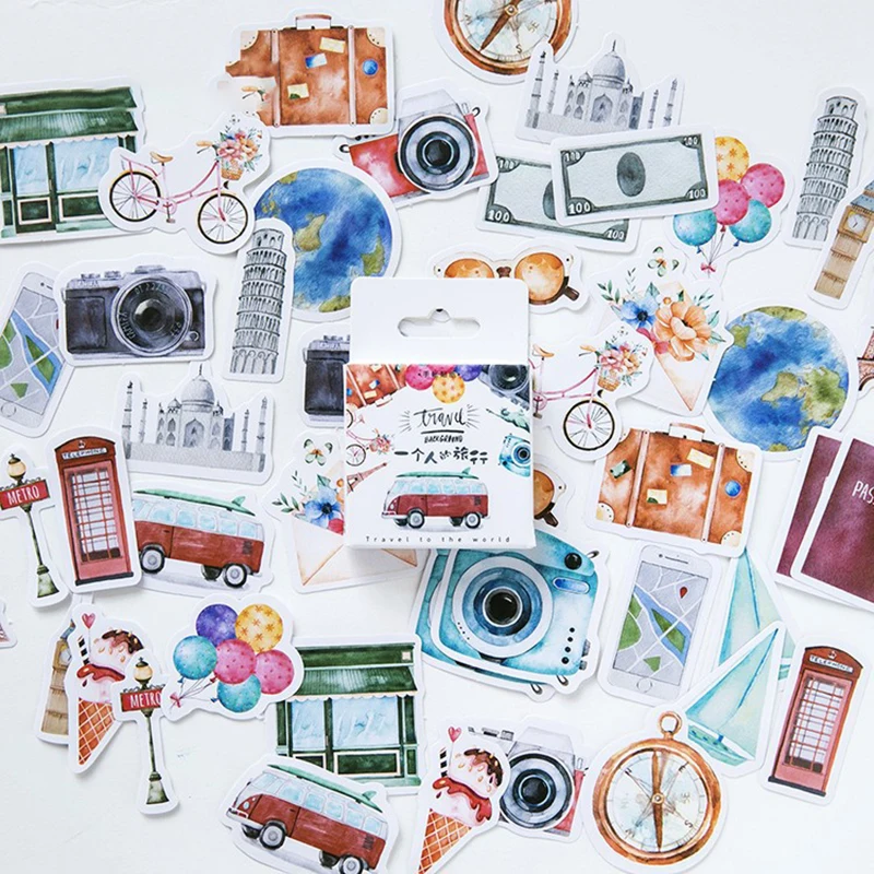 

46Pcs/Box Creative Cartoon Travel Diary Stickers For Flakes Scrapbooking DIY Decoration Journal little things Stickers Wholesale