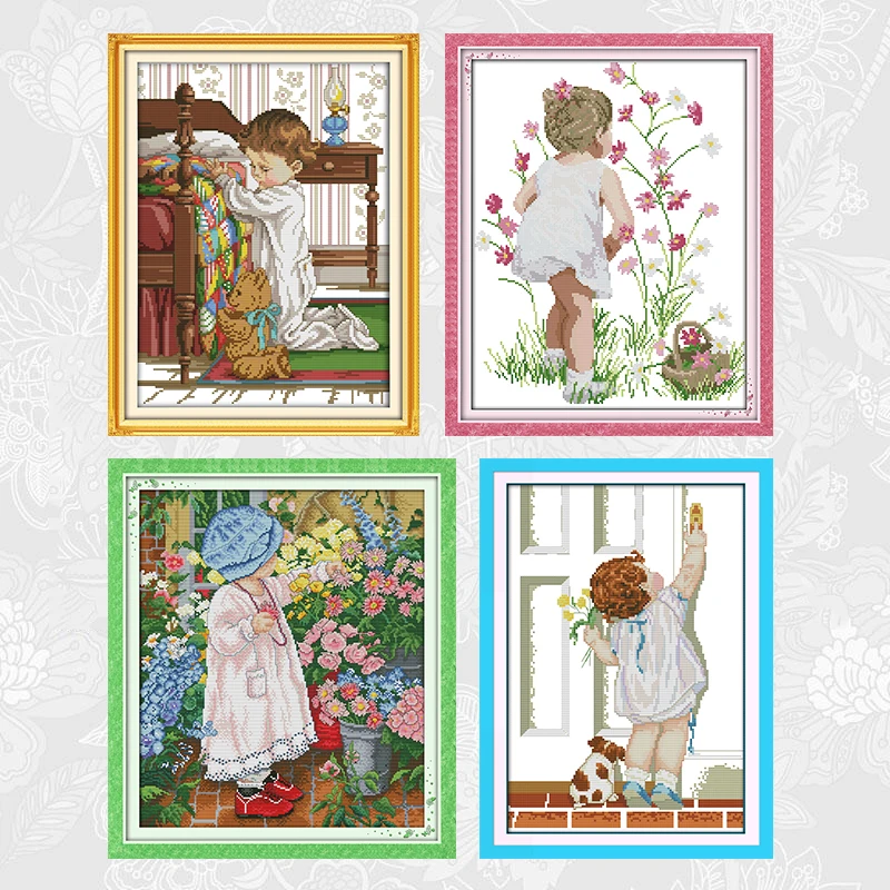 

Pray Beside the Bed Cross-stitch Pattern Counted Printed Canvas Little Girl Watching Flowers Cross Stitch Kits Embroidery Sets