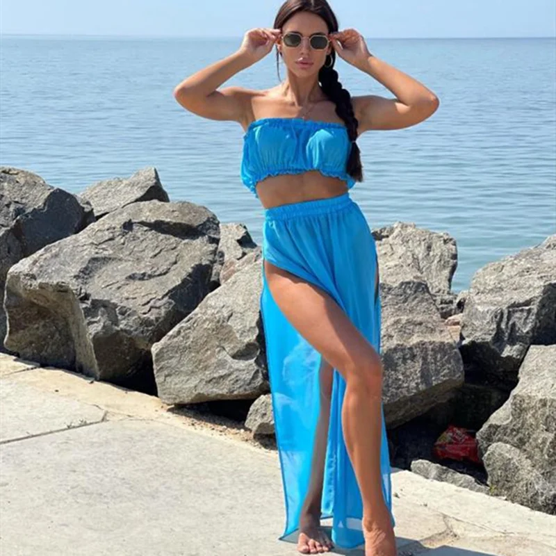 

Женский летний комплект из 2 предметов, пикантный однотонный топ без бретелек с оборками и юбка с высоким разрезом, Женская сетчатая пляжная...