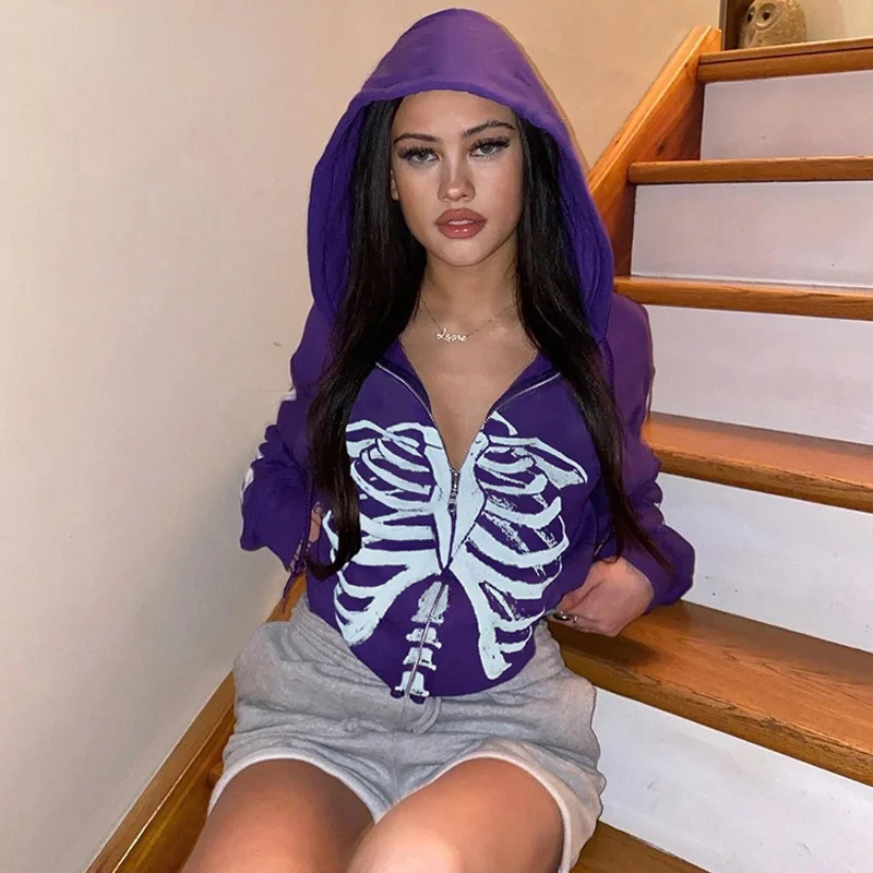 

Goth Skeleton Print Autumn Winter Hoodies Women Zipper Up Harajuku Sweatshirt Gothic Clothes Loose Jacket Coat Hooded 2021