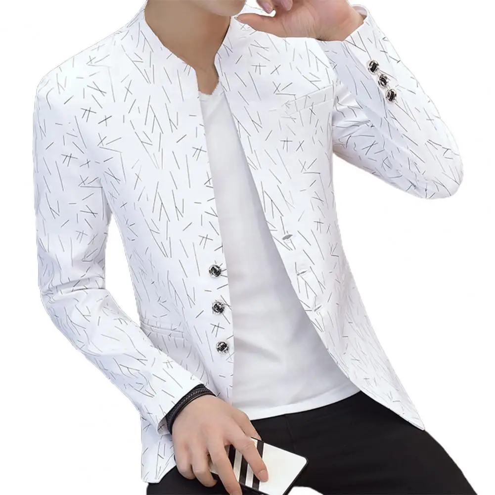 

2021 New Stylish Men Blazer Vintage Print Korean Style Spring Autumn Stand Collar Fake Pockets Buttons Blazer for Business