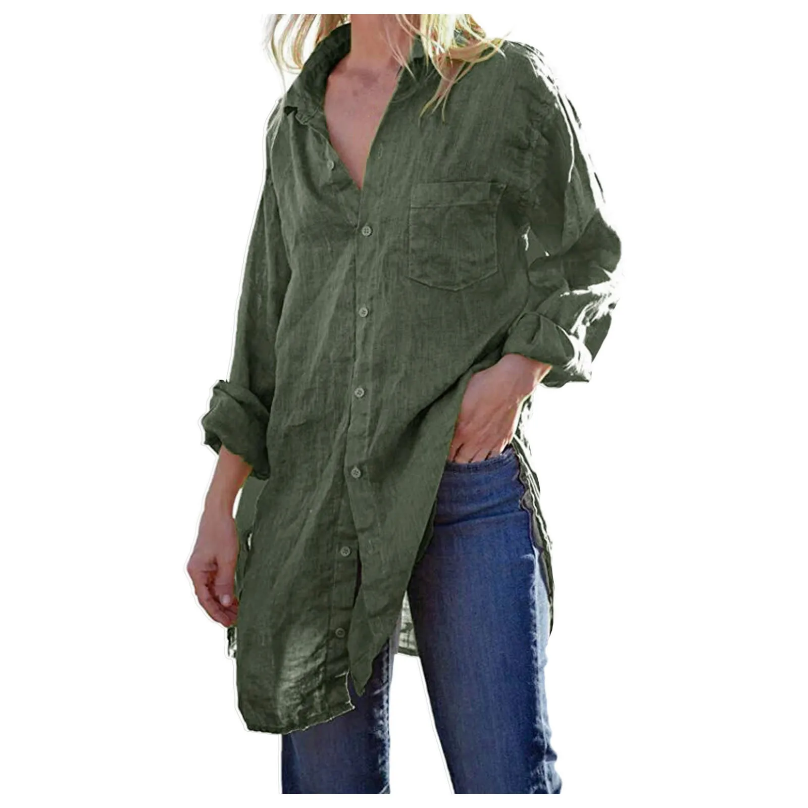 

Женская льняная блузка с длинным рукавом, свободная рубашка с воротником-стойкой, однотонный Мягкий Топ, блузка на пуговицах