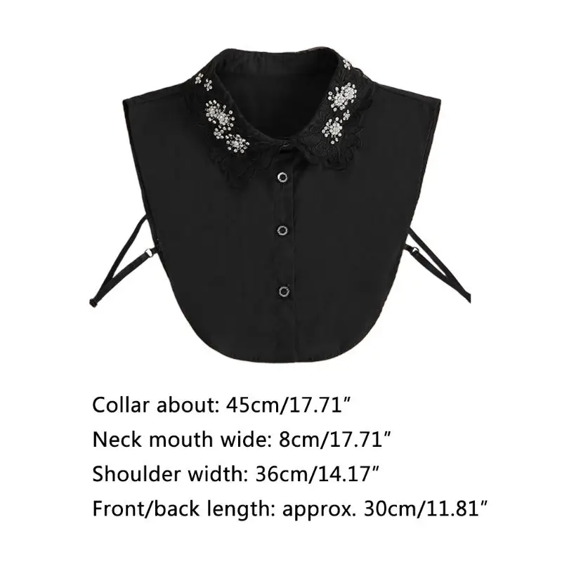 

Women Detachable Fake Collar Rhinestone Faux Pearls Embroidery Floral Half-Shirt M6CD