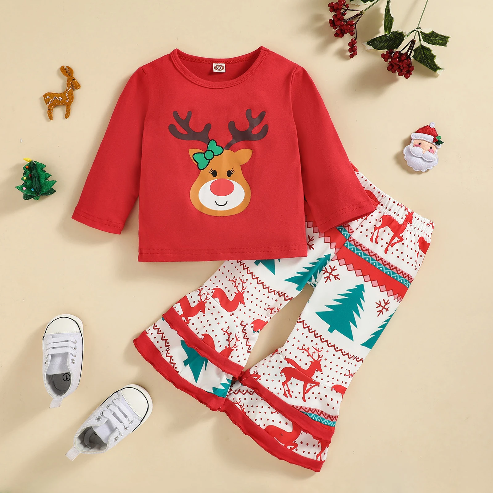 

Ma&Baby 6M-4Y 2021 Christmas Baby Kid Girl Clothes Set Red Deer Long Sleeve Tops Ruffles Flare Pants Outfits Xmas Costume D84