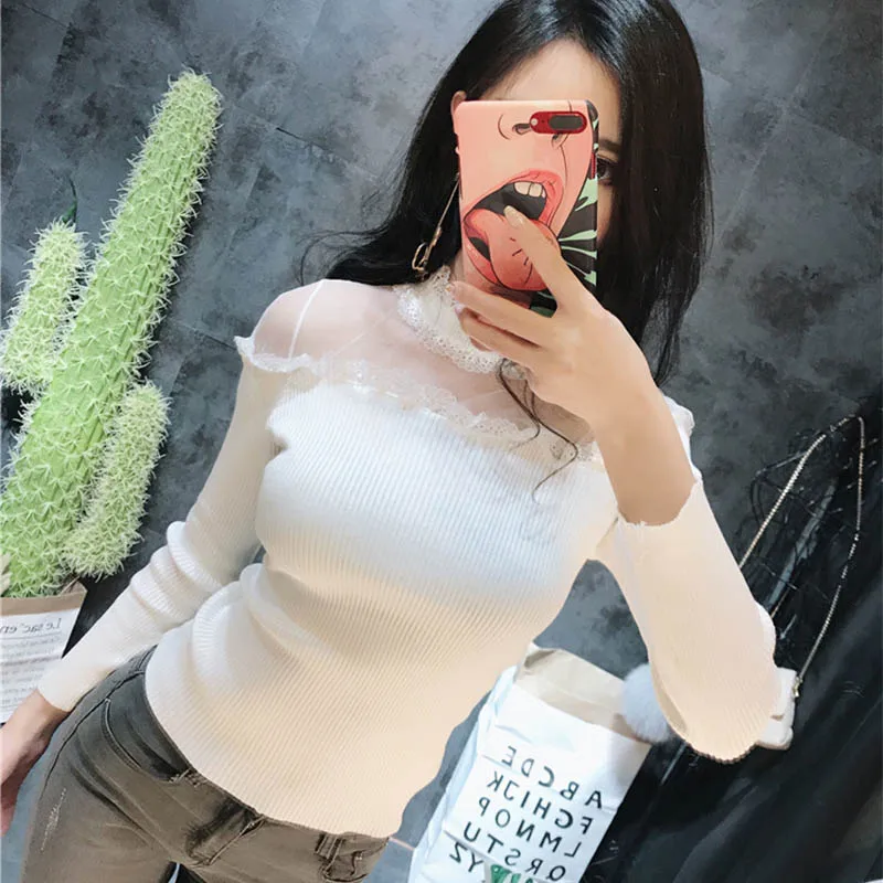 Woherb перспективный газовый кружевной свитер женские эластичные водолазки